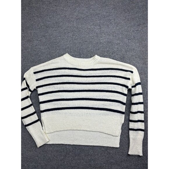C&C California Sweater Women's M Ivory Black Stripe Pullover Hi Low Split Hem - Picture 1 of 7